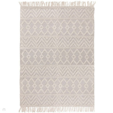Asra Modern Boho Geometric Hand-Woven Textured Hi-Low Ribbed Bobbled Wool Fringe Flatweave Grey/Cream Rug-Asiatic Carpets-Rug Love - The Most Loved Rug Store